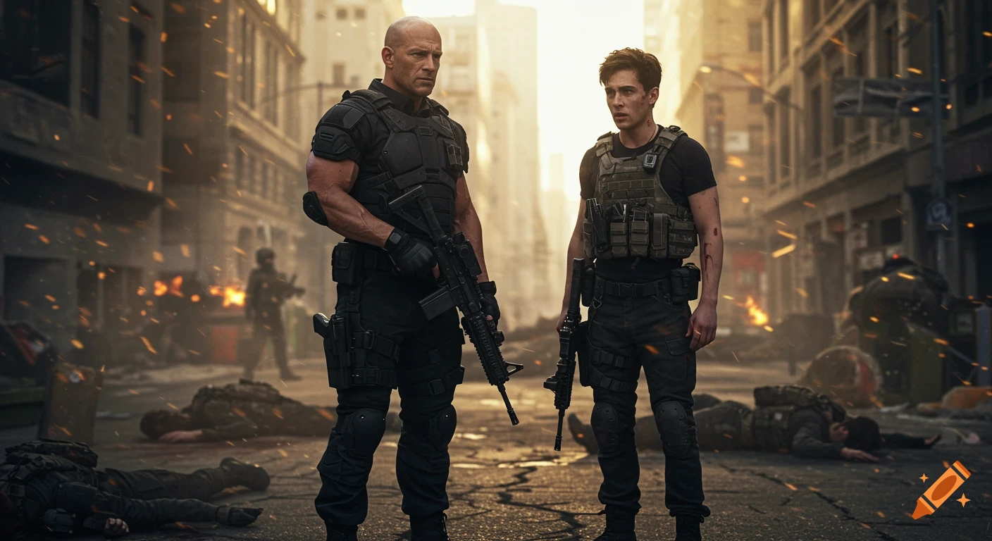 Two soldiers in tactical gear stand in a destroyed urban street with fallen figures and explosions in the background.