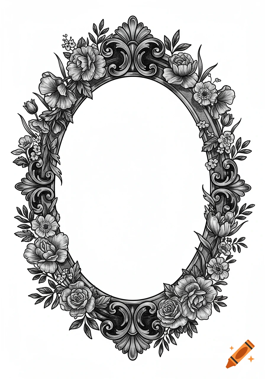 Black and gray oval antique frame surrounded by ornate wildflowers, roses, tulips, and leaves in an illustration style.