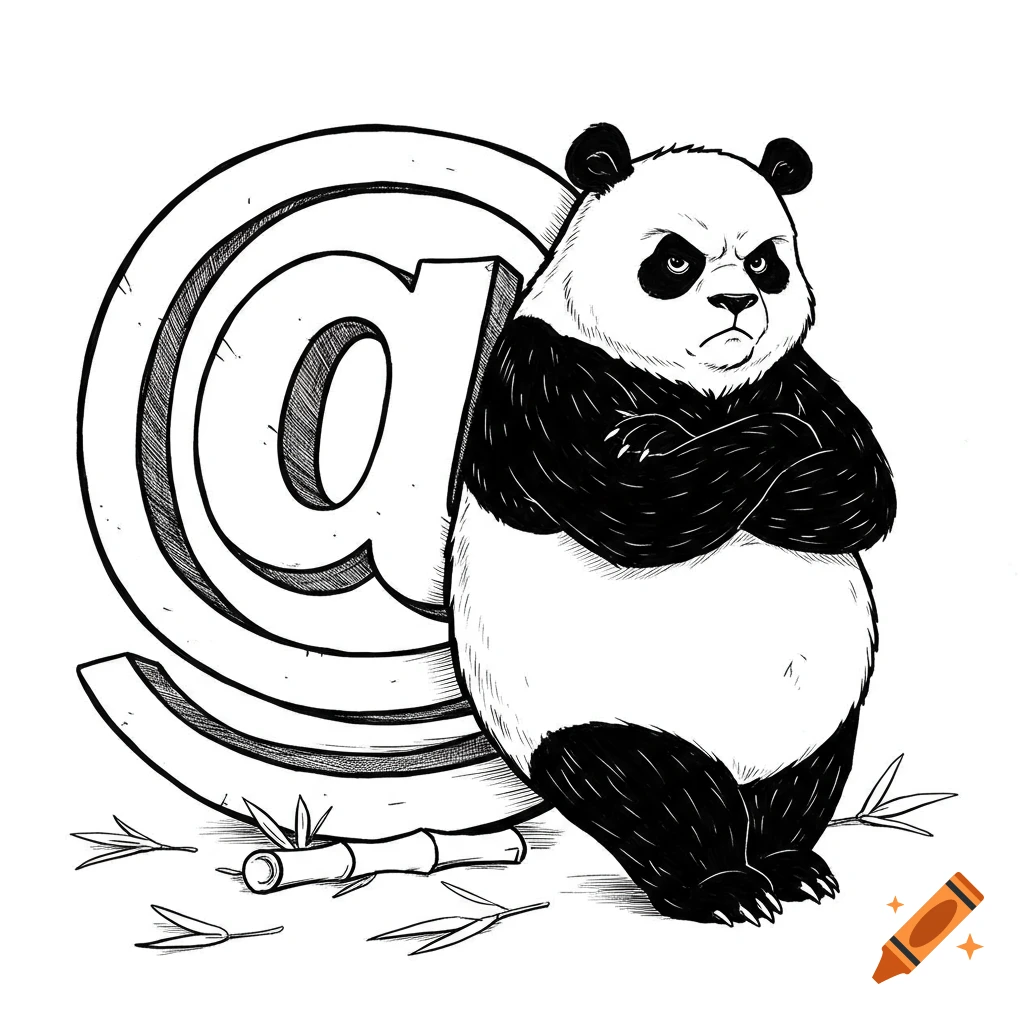 Black and white drawing of a grumpy cartoon panda leaning against a giant @ symbol with bamboo at its base.