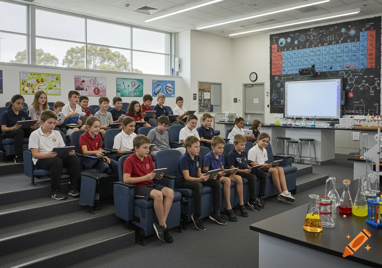 A photorealistic image of students sitting in a tiered science classroom, looking at tablets. A large periodic table is on the wall.