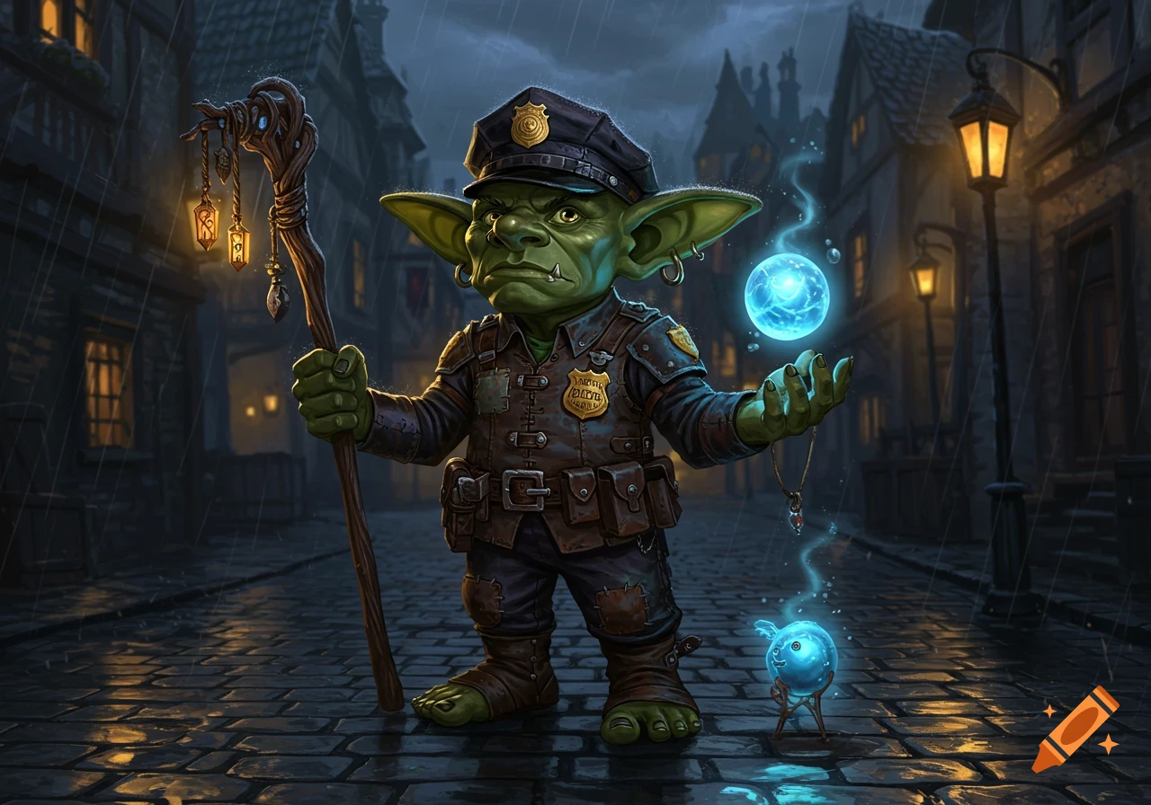 A green goblin wearing a police uniform and hat stands in a rainy, cobbled street, holding a staff and a glowing blue magic orb.