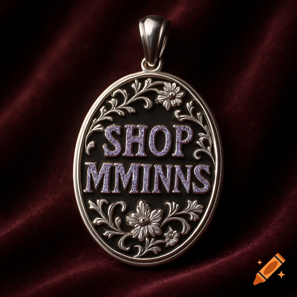 A silver oval pendant with ornate floral engravings, featuring the text 'SHOP MMINNS' in purple diamonds, resting on dark red velvet.