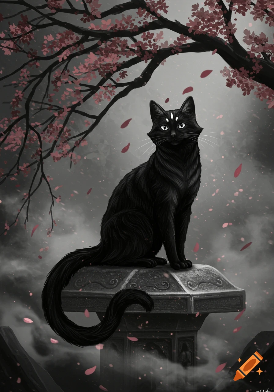 A stylized black cat with three white dots on its forehead sits on an ornate stone pedestal under a cherry blossom tree with falling pink petals.