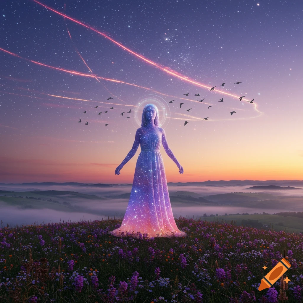 A luminous, star-filled figure resembling a goddess stands in a vibrant flower field at sunset, with birds and meteors in the sky.