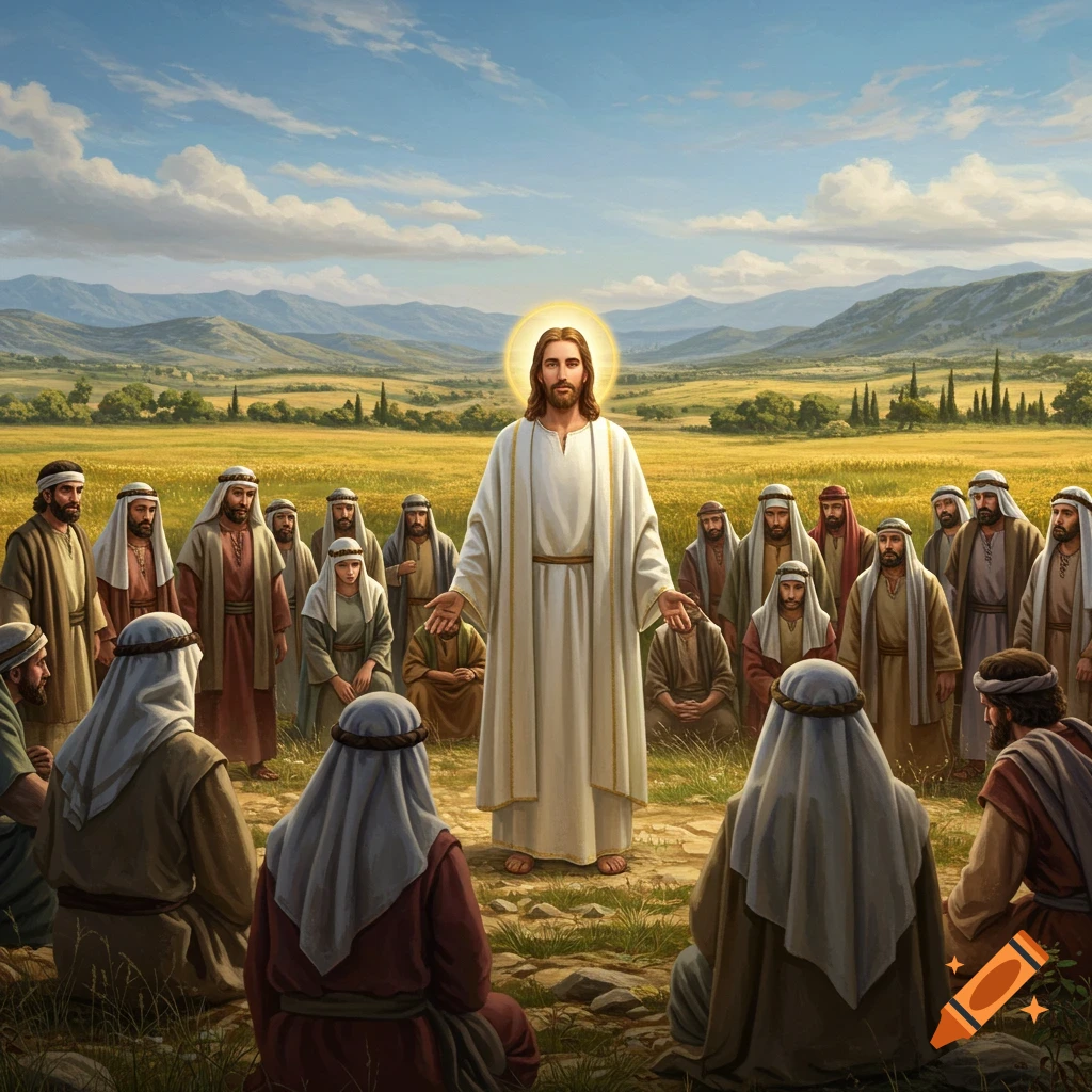Jesus stands with open arms amidst a crowd of followers in a golden field, with mountains and a blue sky in the background, in a painted style.
