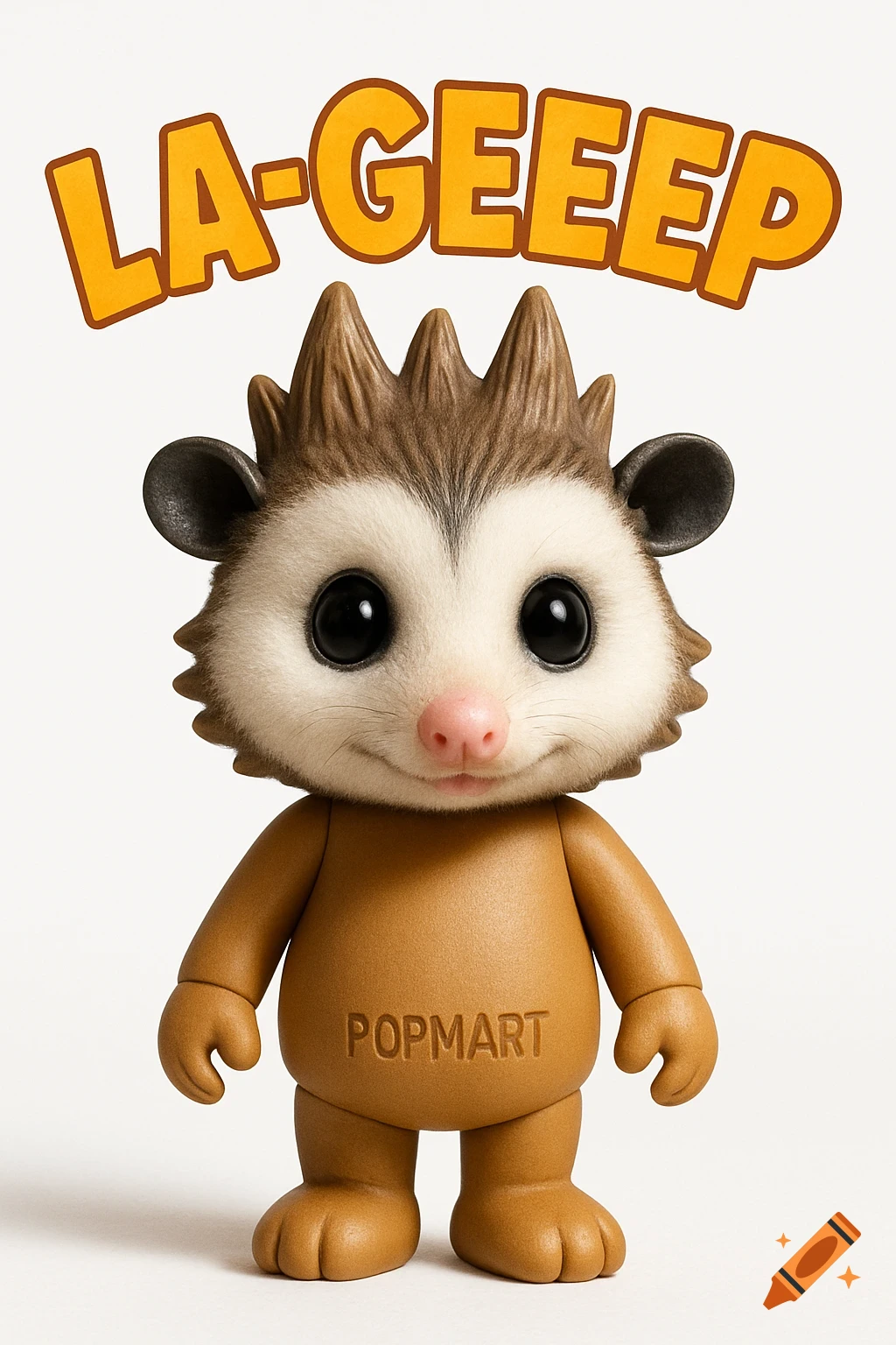 A cute, stylized possum-like toy figure with big black eyes and a pink nose, standing on a white background. "LA-GEEEP" is written above its head and "POPMART" on its belly.