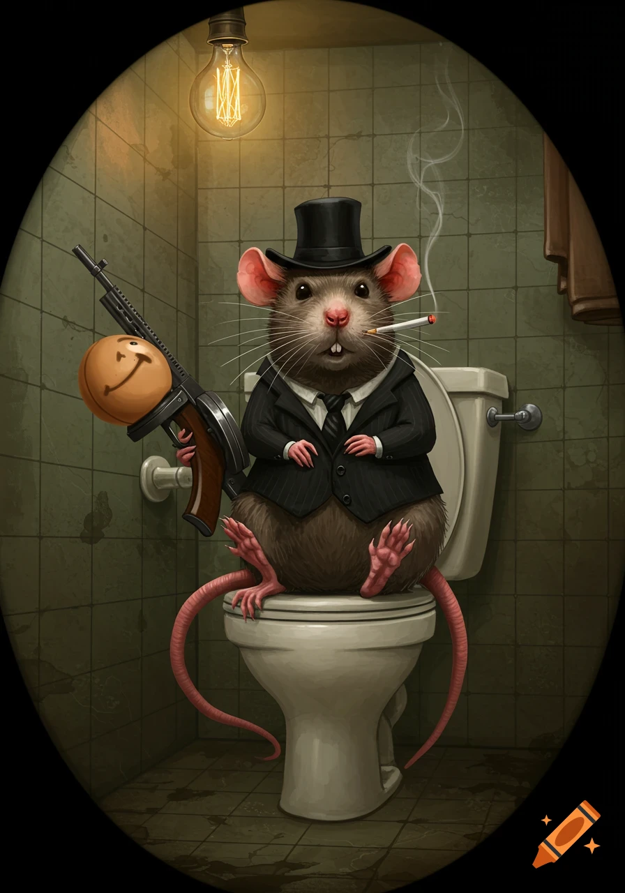 An anthropomorphic rat wearing a suit and top hat sits on a toilet, smoking a cigarette and holding a gun with a smiley face attachment in an illustrative style.