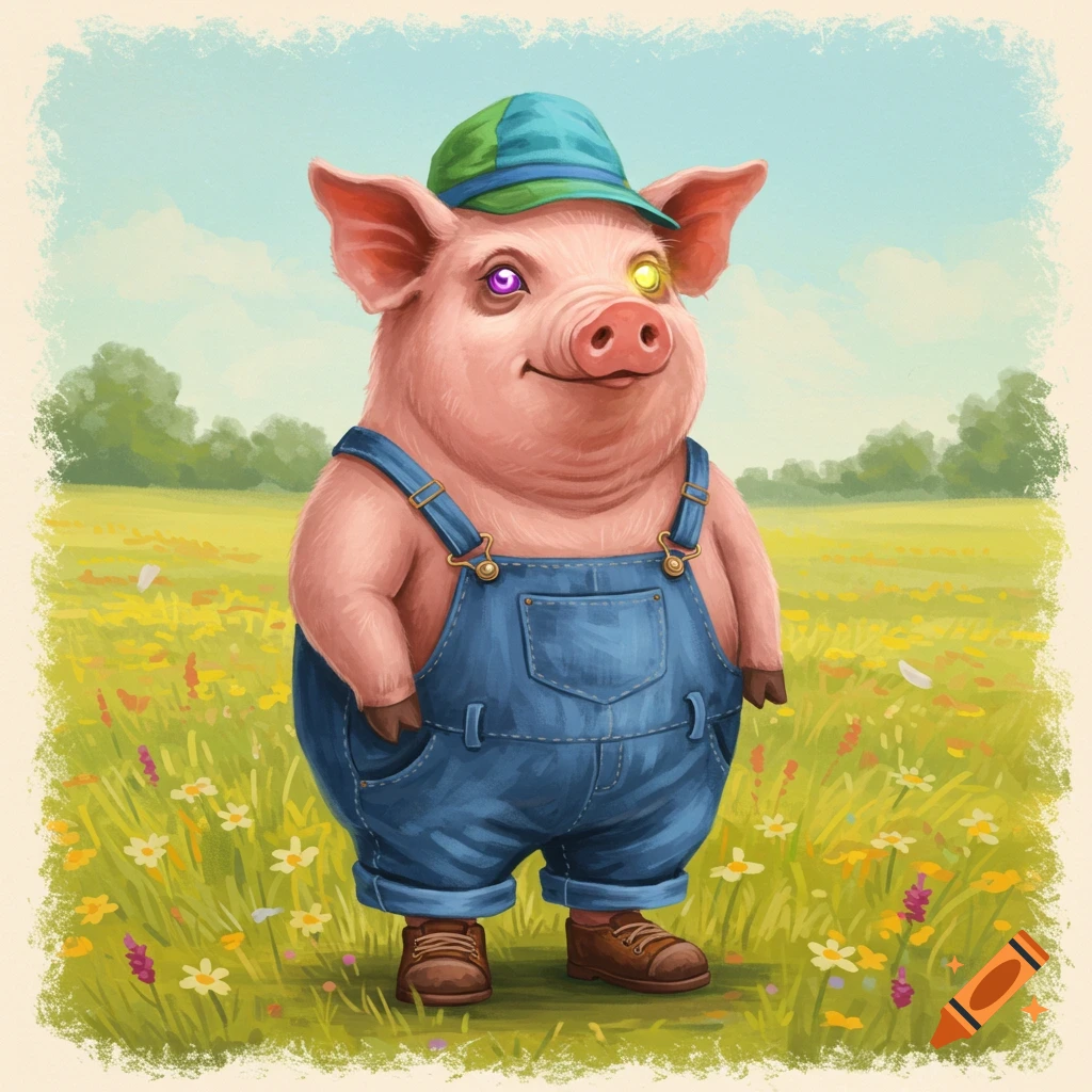 A whimsical illustration of a pig in blue overalls and a green and blue hat, with a purple left eye and yellow right eye, standing in a flowery field.