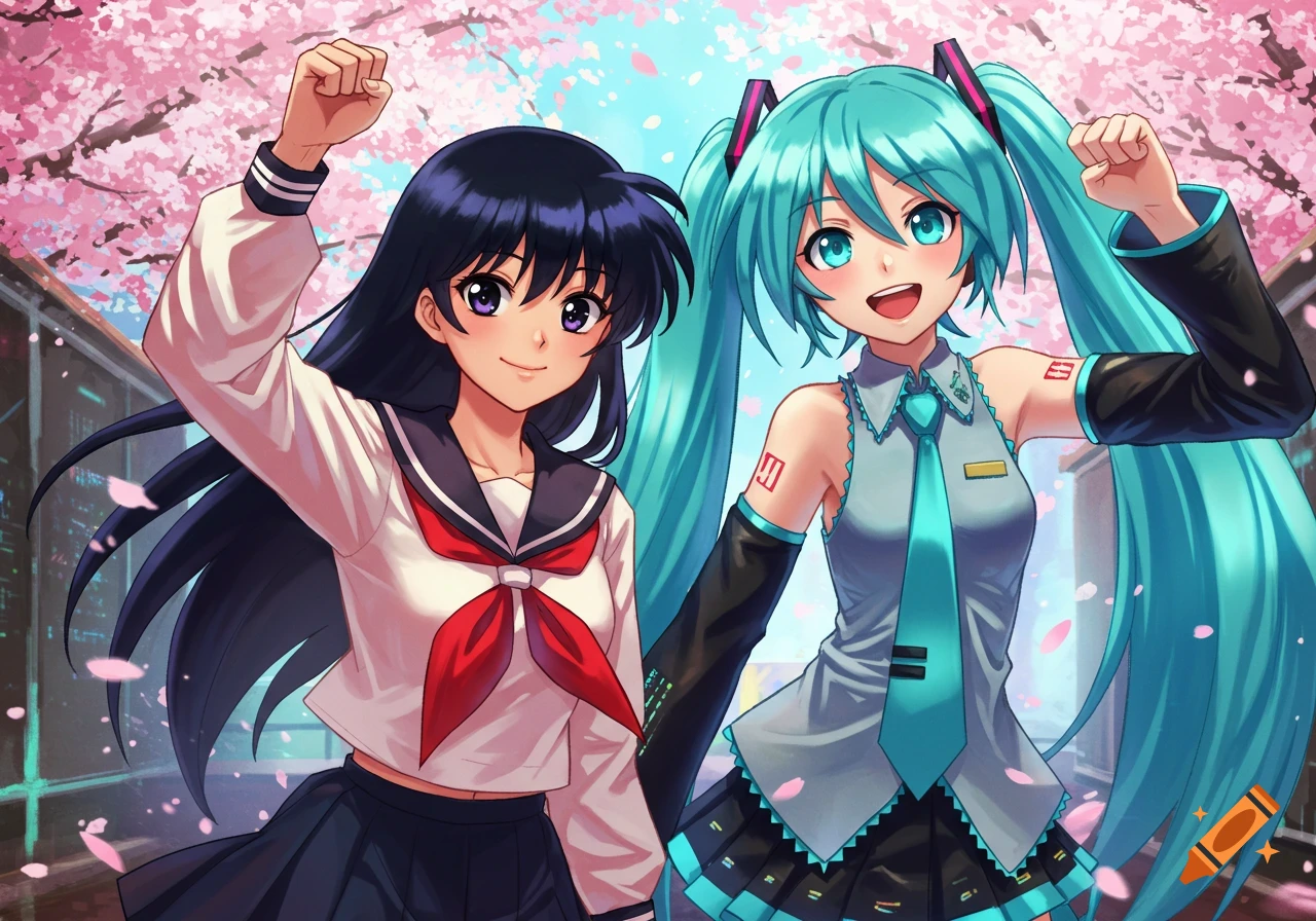 Two anime characters, Kagome Higurashi and Hatsune Miku, smiling and raising their fists under falling cherry blossoms.