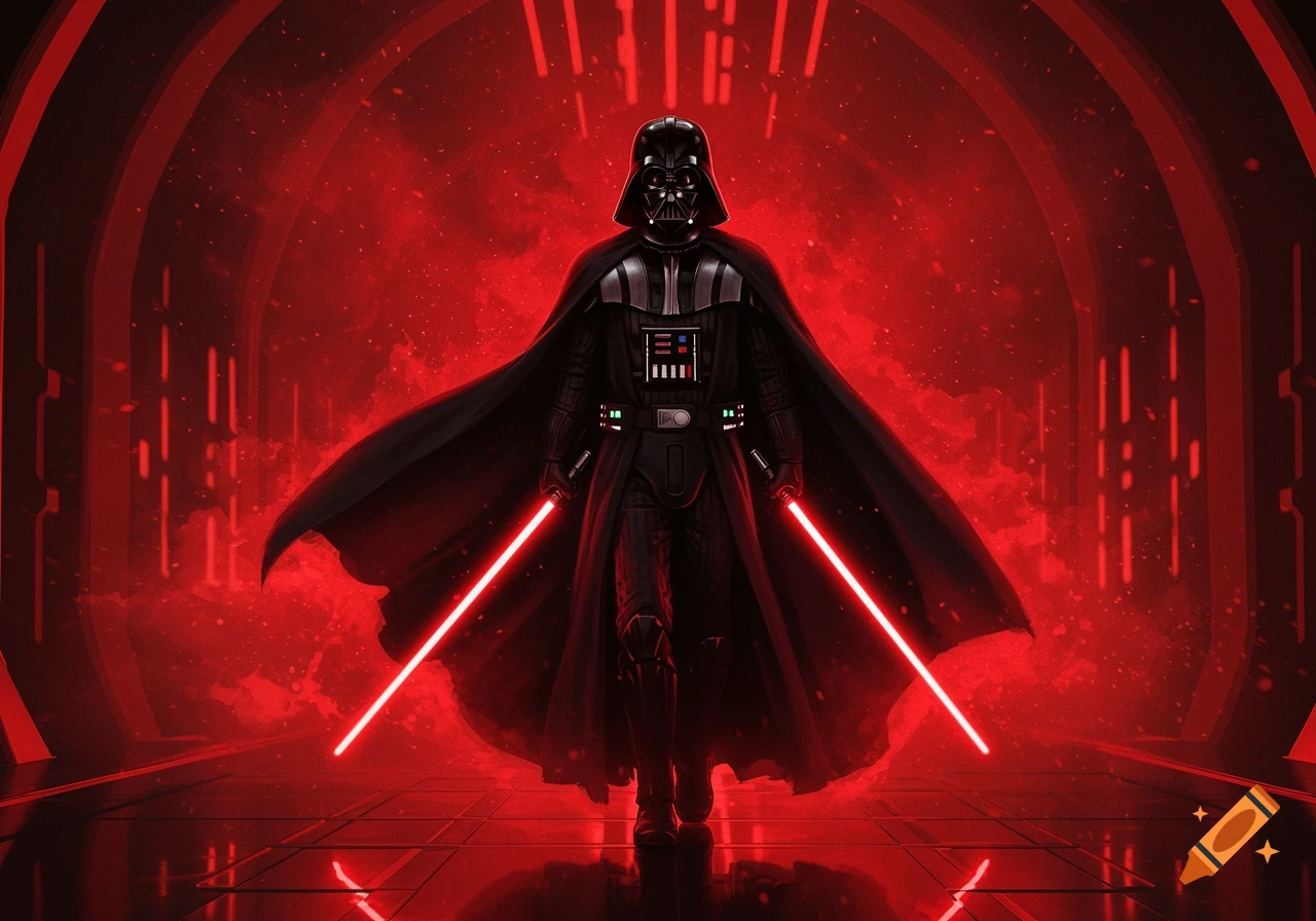 Darth Vader stands dramatically in a dark, red-lit corridor, holding two glowing red lightsabers.