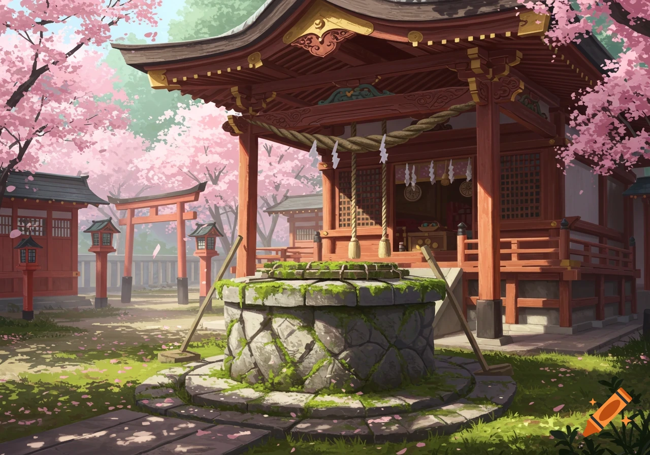 An anime-style depiction of a traditional Japanese shrine with a stone well, torii gate, and pink cherry blossoms.