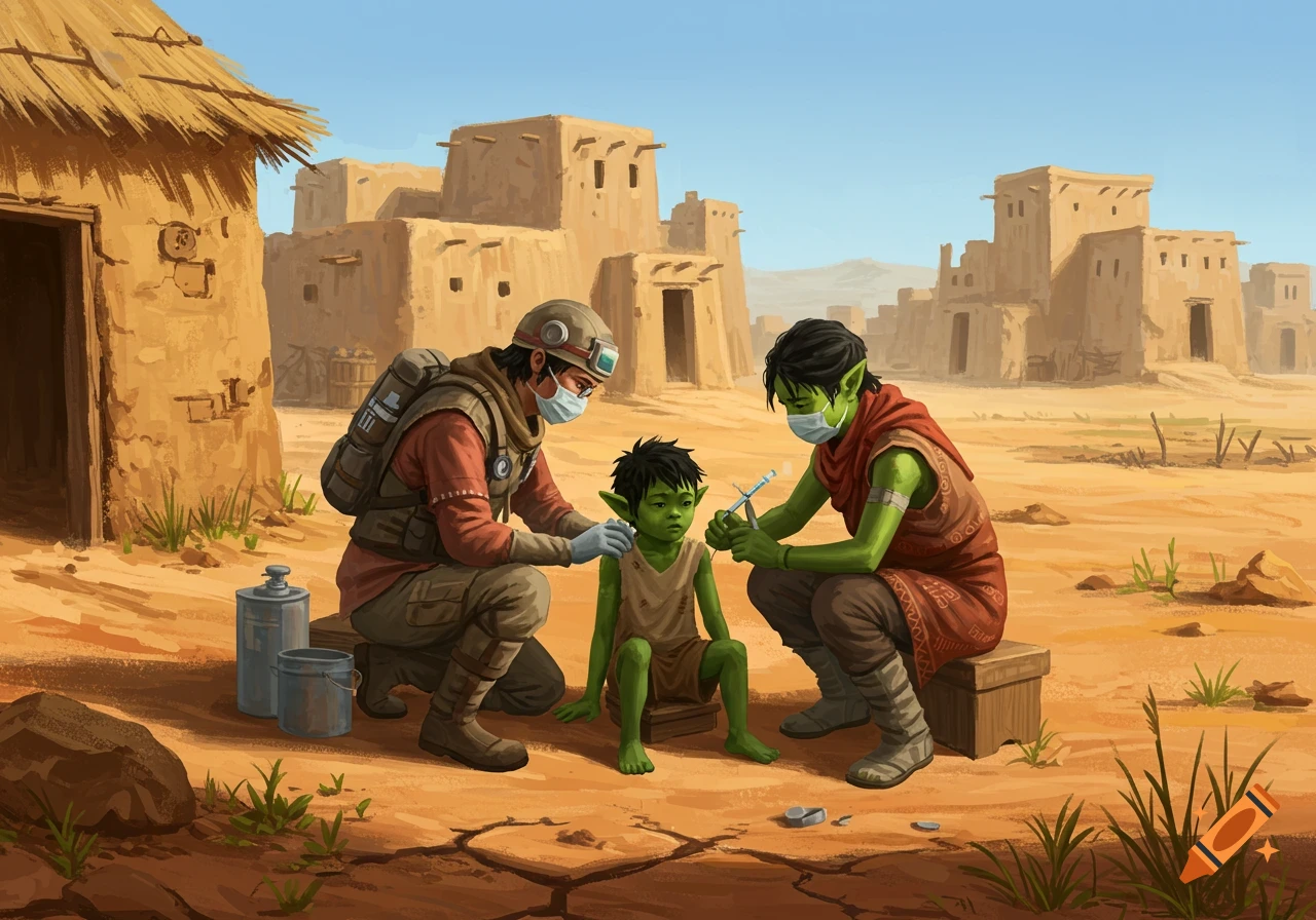 A doctor in tactical gear vaccinates a green-skinned child while another green-skinned person assists in a desert village setting.