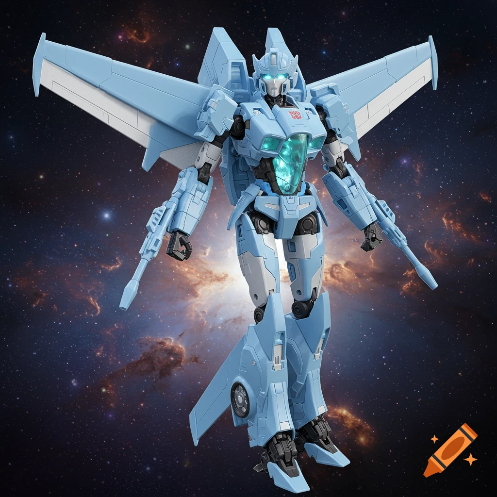 A light blue and white Transformer action figure, designed like a futuristic jet, stands against a starry space background with nebulae.