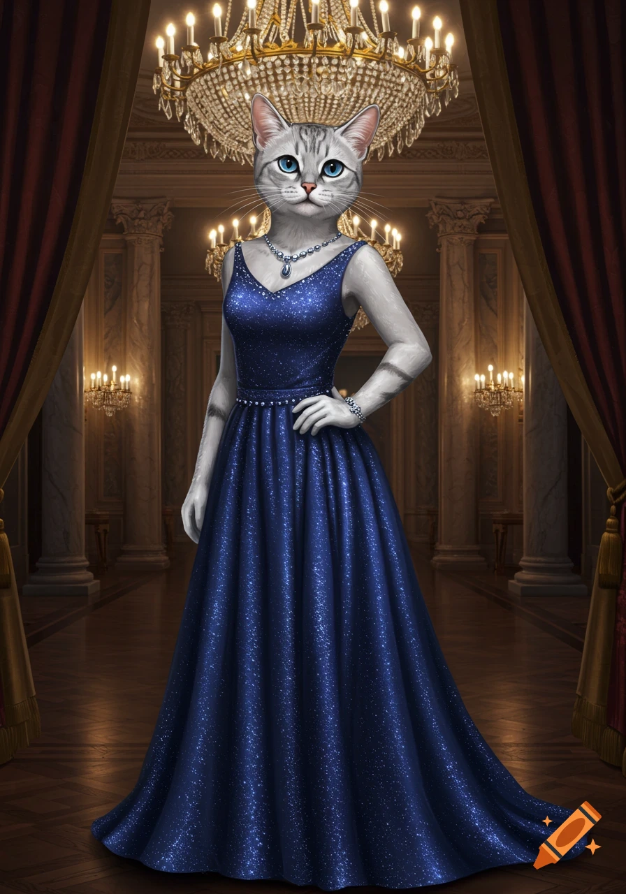 A regal anthropomorphic cat, wearing a sparkling blue evening gown and jewelry, stands in a grand ballroom under chandeliers.