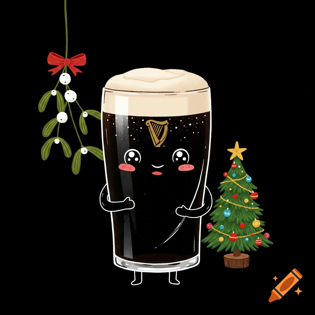 A cute cartoon pint of Guinness beer with a face, arms, and legs stands between mistletoe and a decorated Christmas tree on a black background.