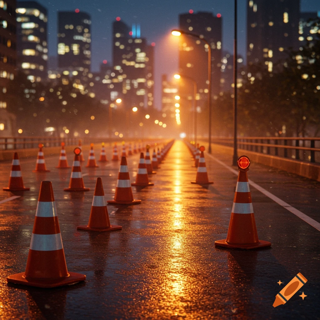 Traffic cones line a wet city street at night, reflecting the warm glow of streetlights with city buildings in the background.