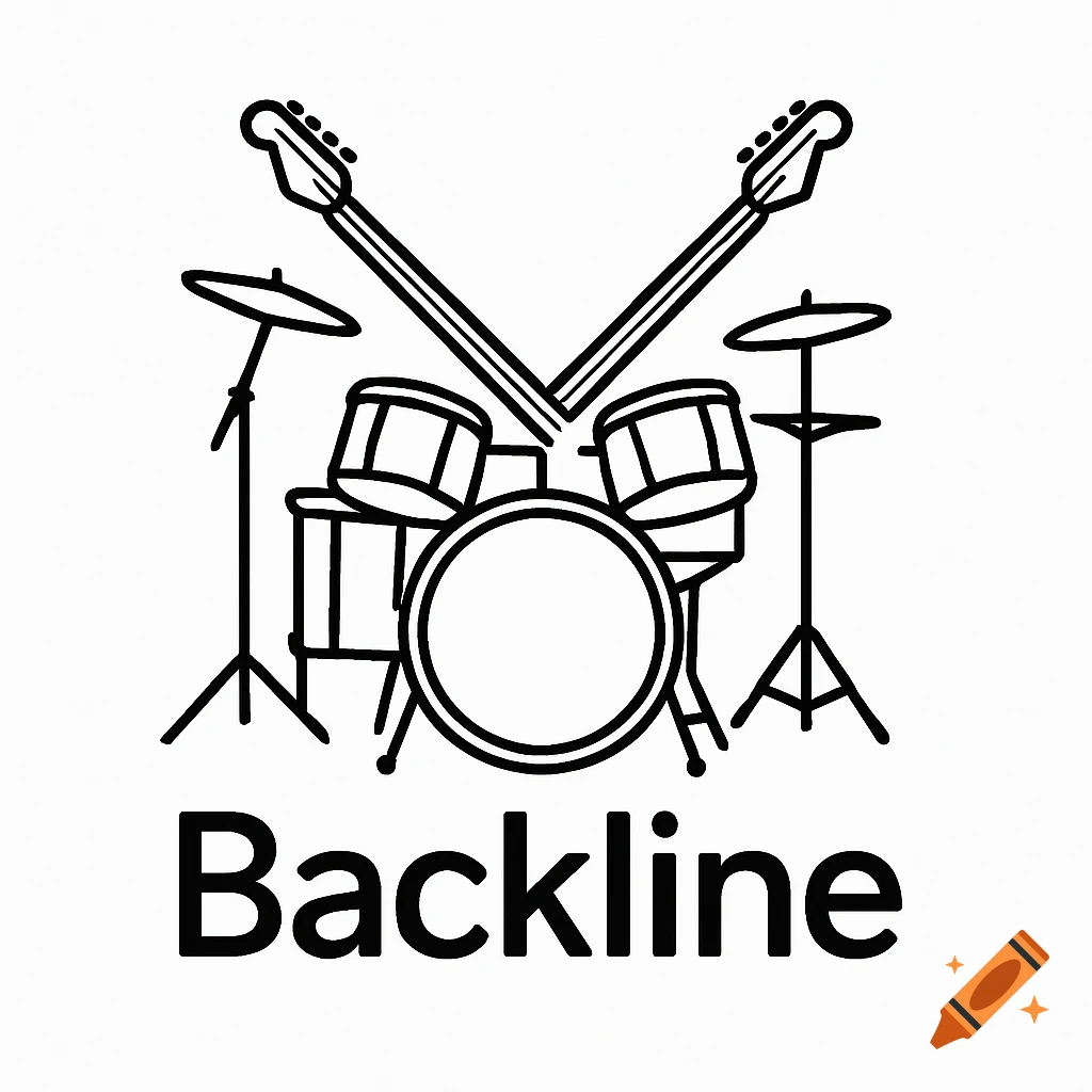 Simple outline sketch logo of a drum kit with two crossed guitars above it, and the word Backline below.