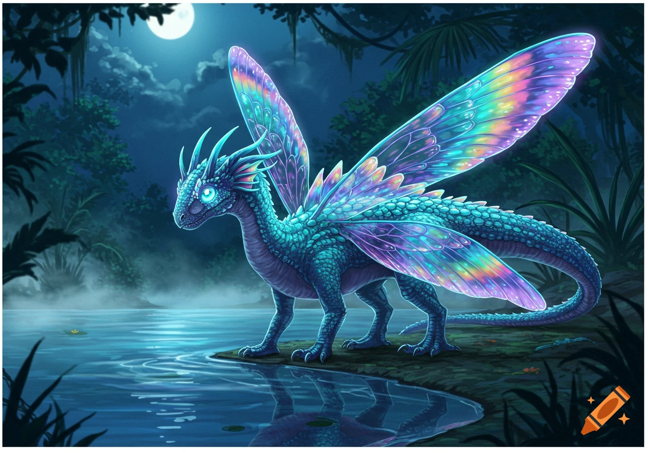 A vibrant, bioluminescent dragon with rainbow wings stands at the edge of a moonlit lake in a mystical forest.