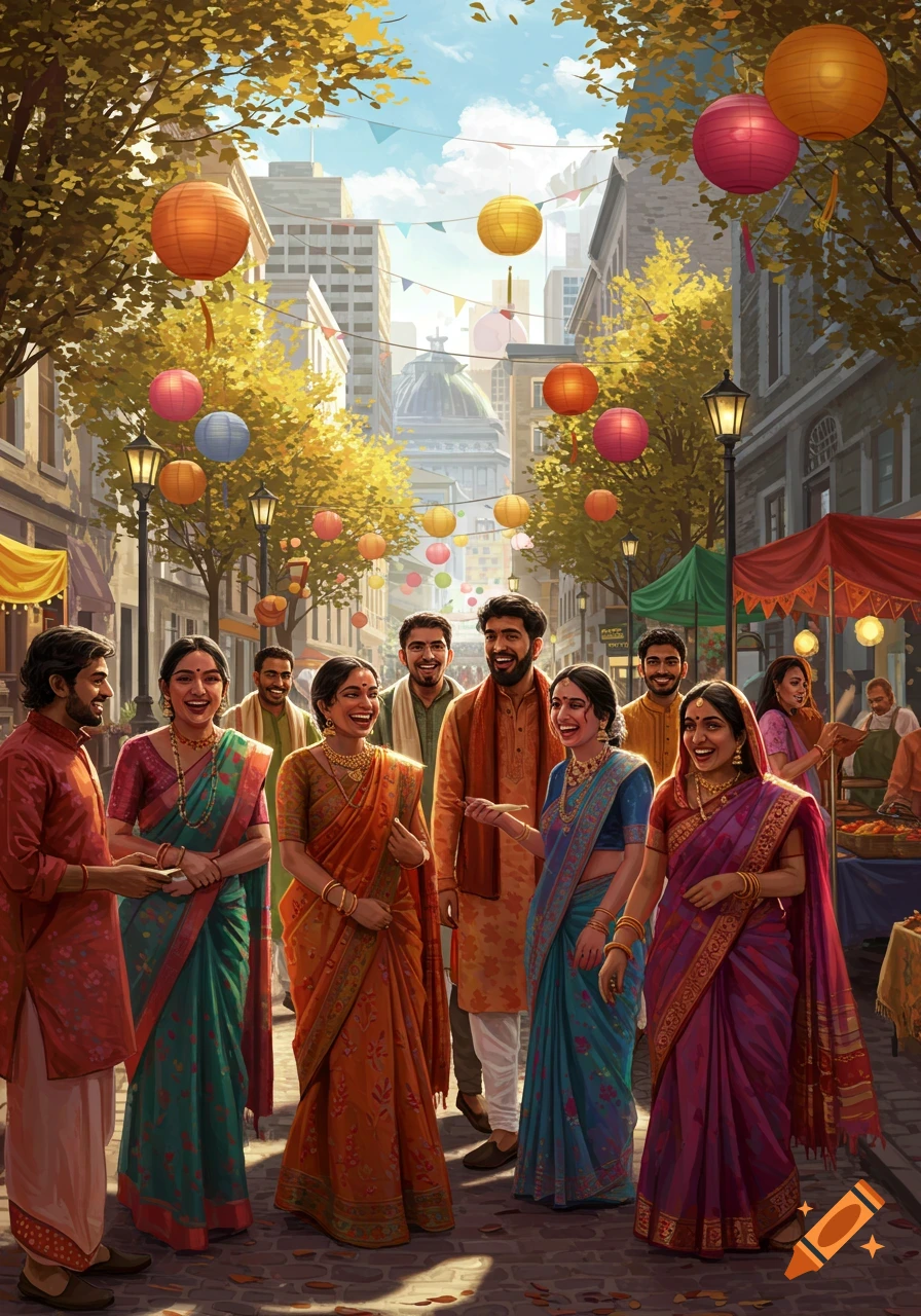 A vibrant illustration of a festive street scene with a group of smiling people of Indian descent dressed in traditional clothing. Colorful lanterns hang above autumn trees, and buildings line the street with market stalls visible in the background.