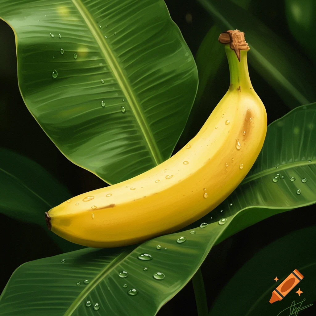 A photorealistic yellow banana with water droplets rests on large green banana leaves.
