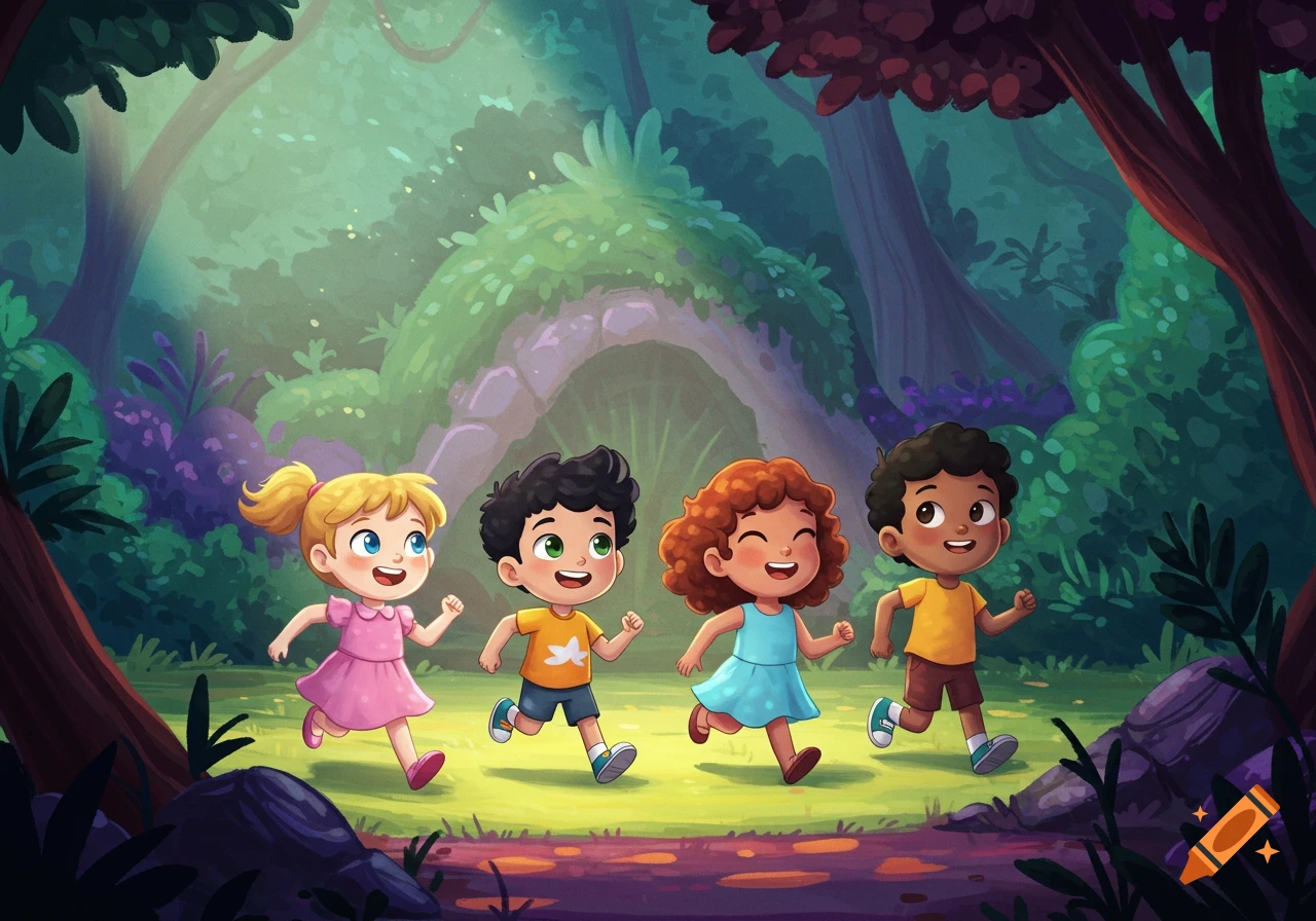 Four diverse children, two boys and two girls, run happily through a vibrant, whimsical forest in a cartoon art style.