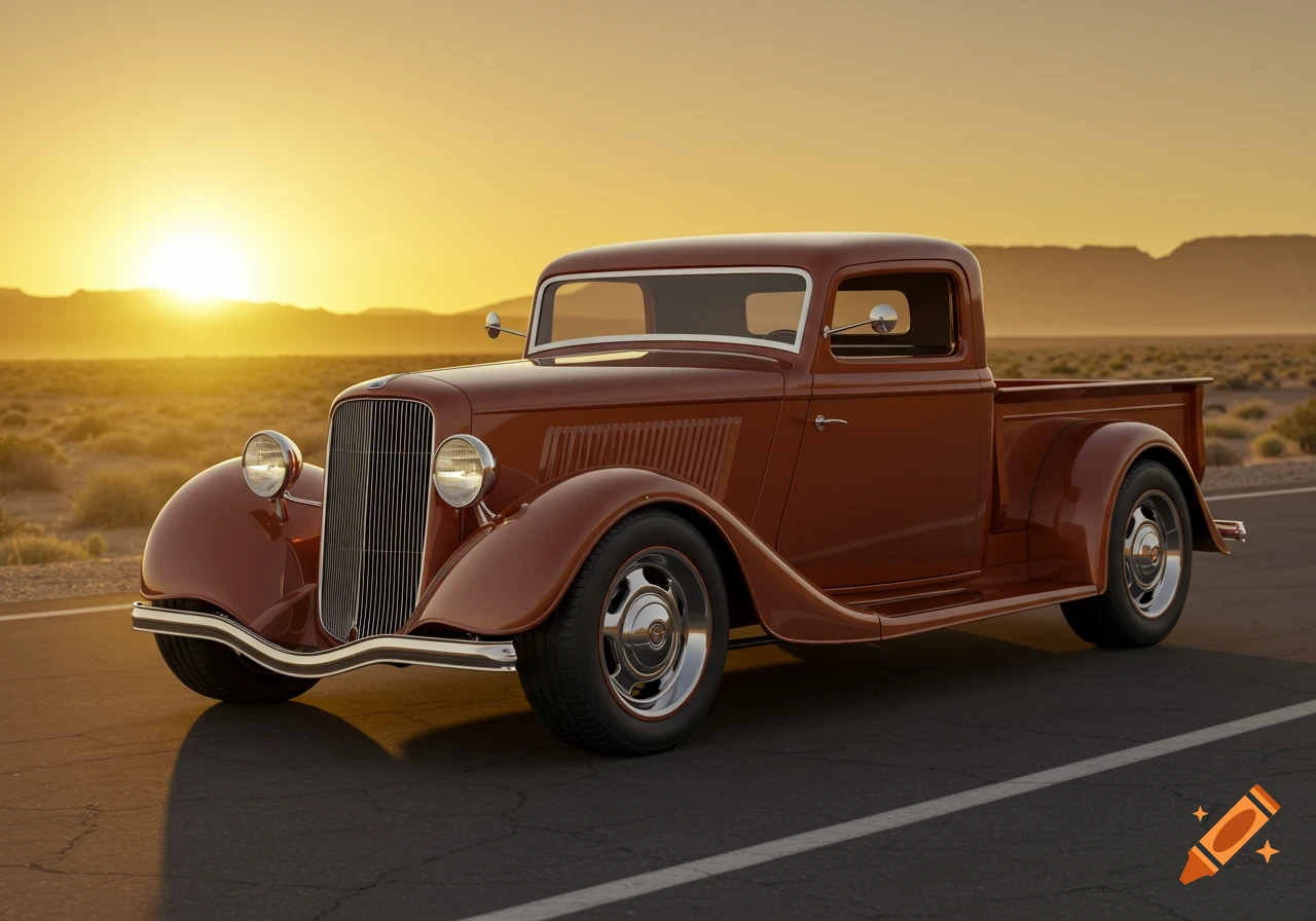 A brown 1932 Ford pickup truck drives down a desert road as the sun sets.
