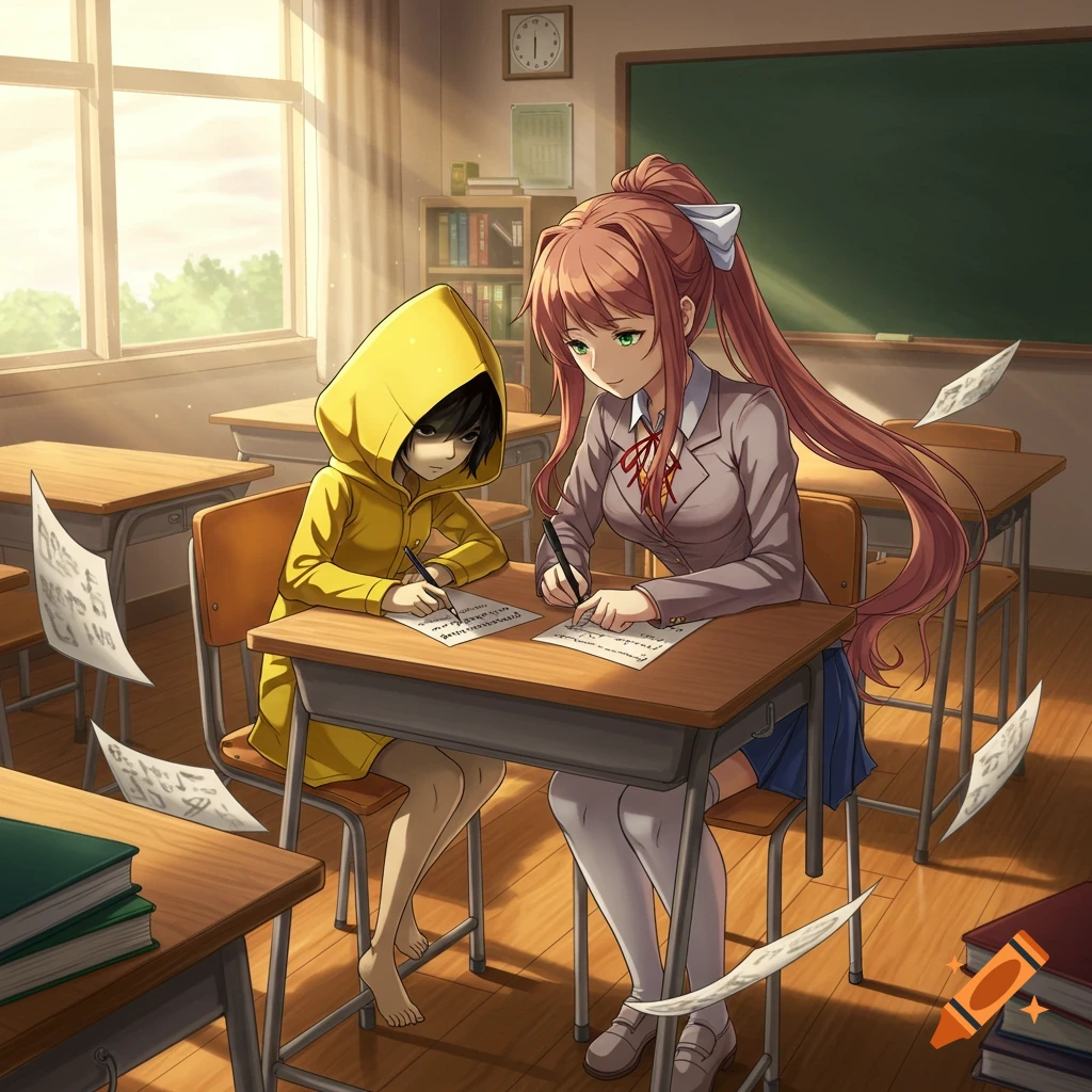 Monika from Doki Doki Literature Club and Six from Little Nightmares sit at a desk in a sunny classroom, writing on papers.