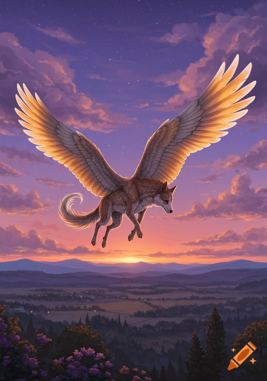 A winged wolf-like creature soars over a valley at sunset with a purple and orange sky.