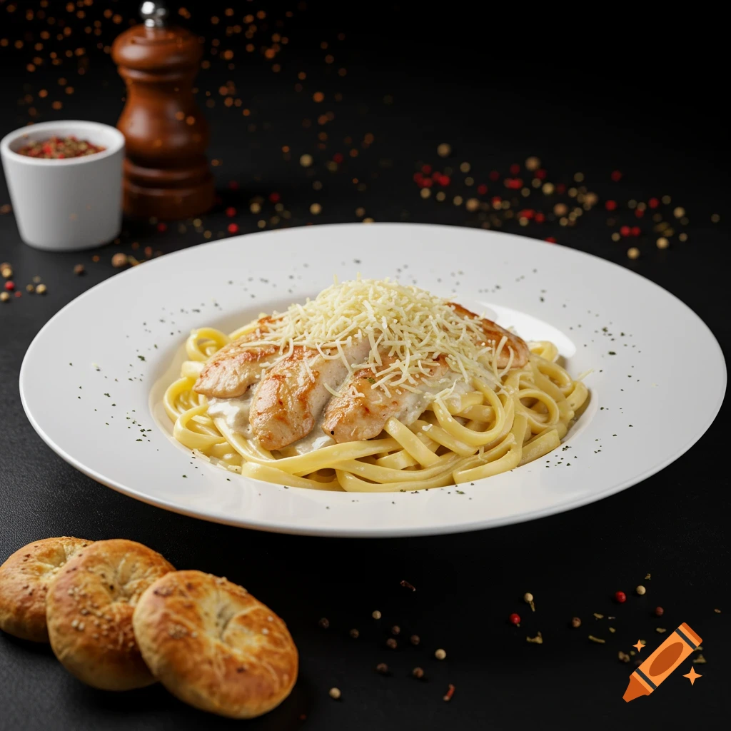 Photorealistic image of fettuccine pasta with sliced chicken, cream sauce, and grated parmesan cheese on a white plate, with bagels and spices on a black table.