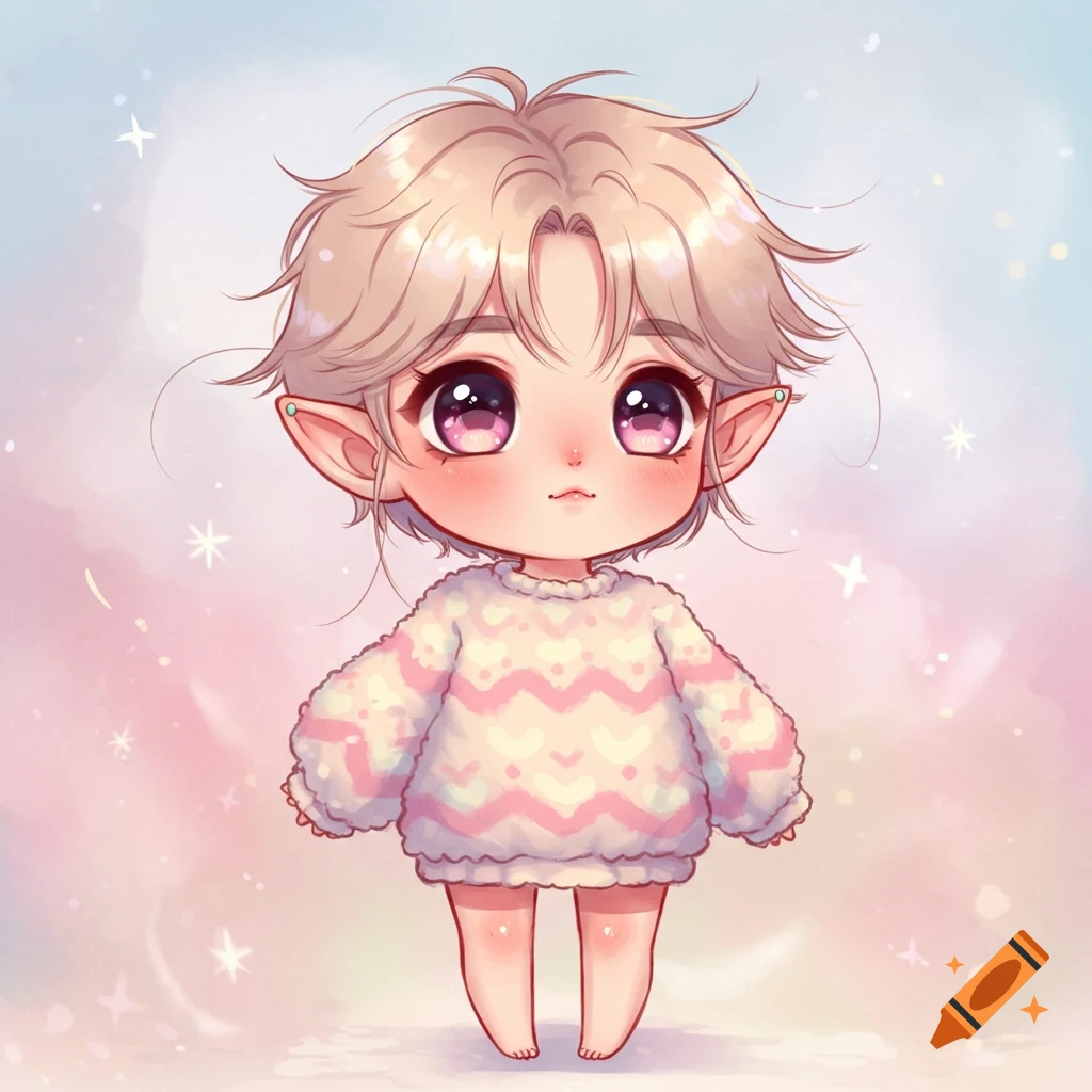 A cute chibi character with large pink eyes, light hair, and pointed ears, wearing a fluffy white and pink sweater against a pastel, sparkling background.
