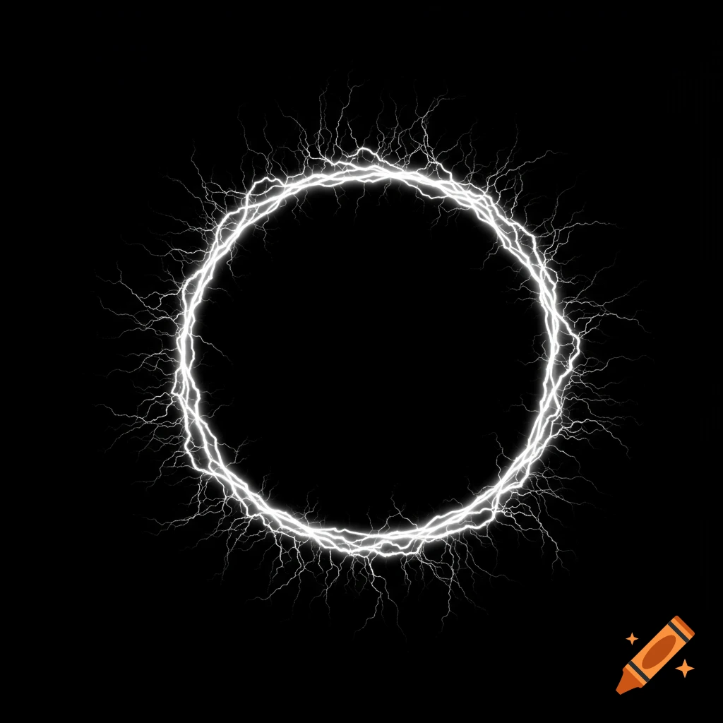 A white electrical lightning ring against a black background.