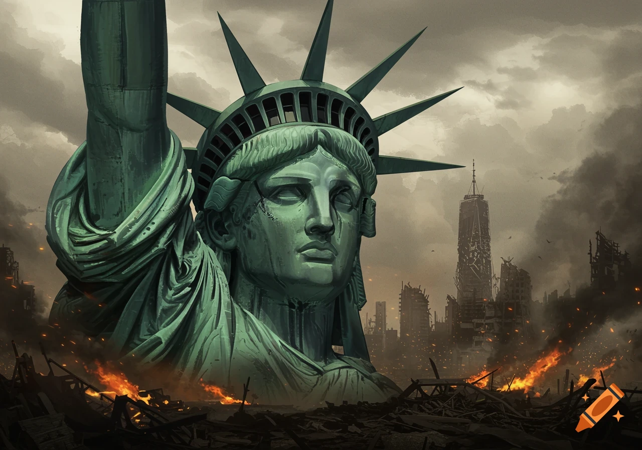 Close-up of a damaged Statue of Liberty against a dark, cloudy sky, overlooking a destroyed cityscape with fires burning.