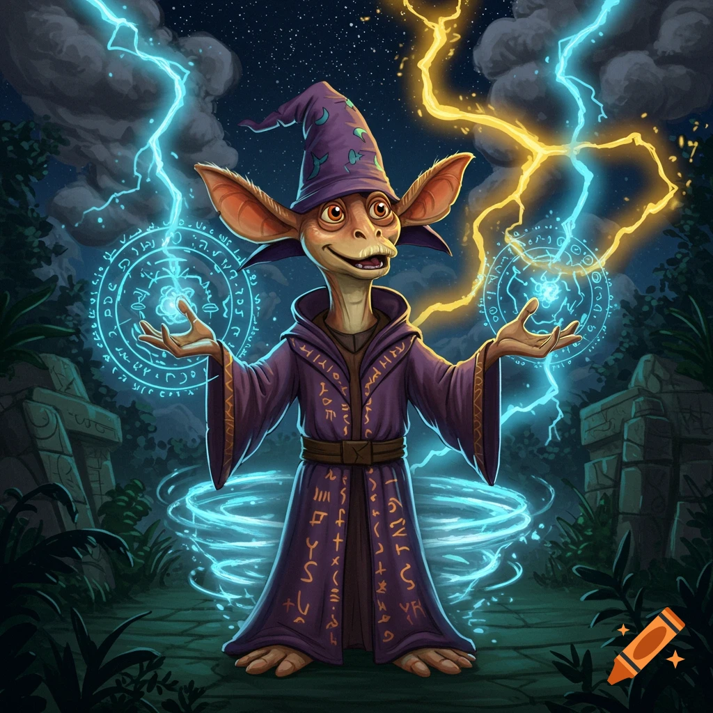 A cartoonish goblin-like wizard with large ears in a purple robe casts spells with blue and yellow lightning and swirling magic.