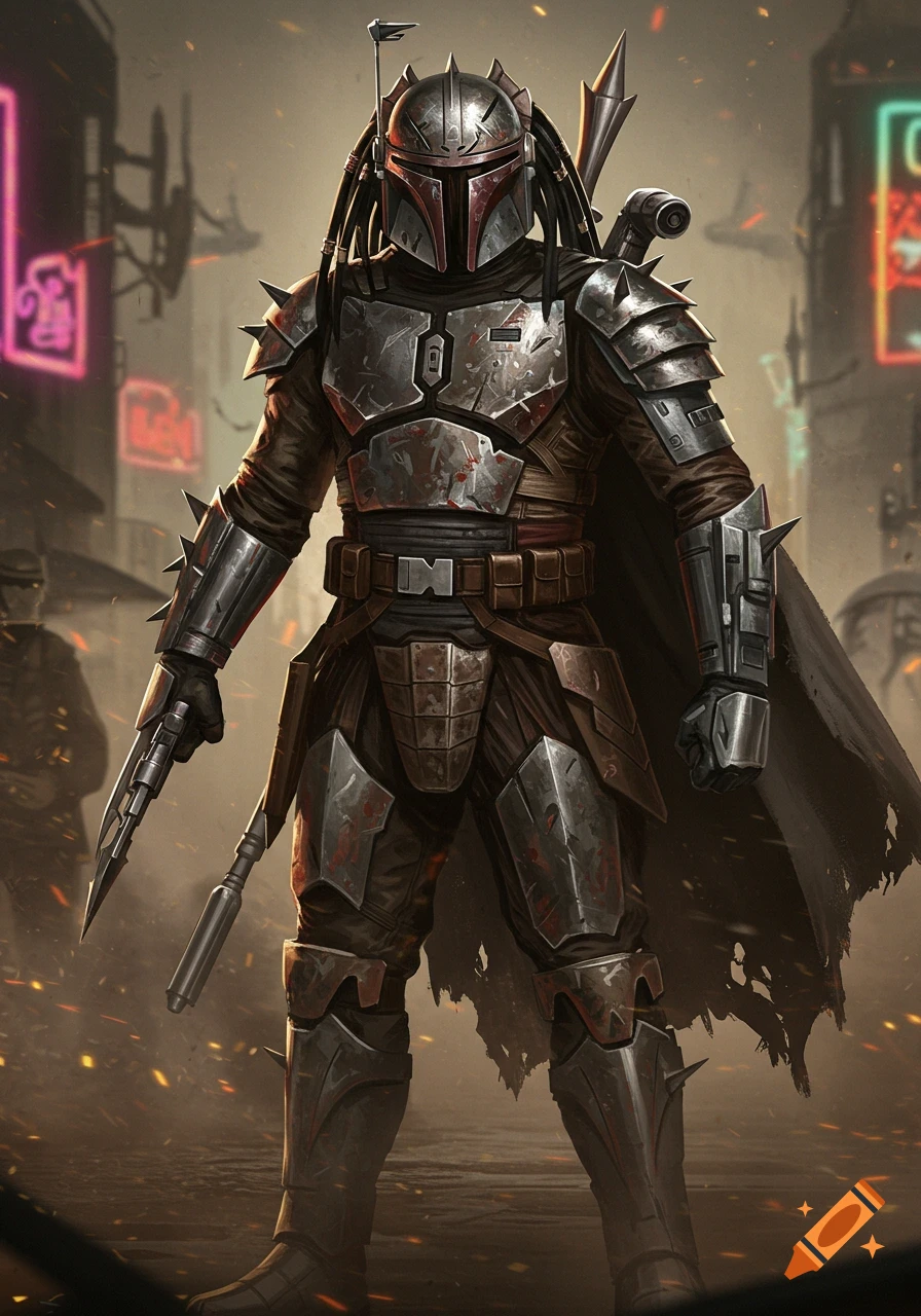 A bounty hunter in dark, spiked Mandalorian-style armor with Predator-like dreadlocks stands in a grimy, neon-lit sci-fi city street, holding a weapon.