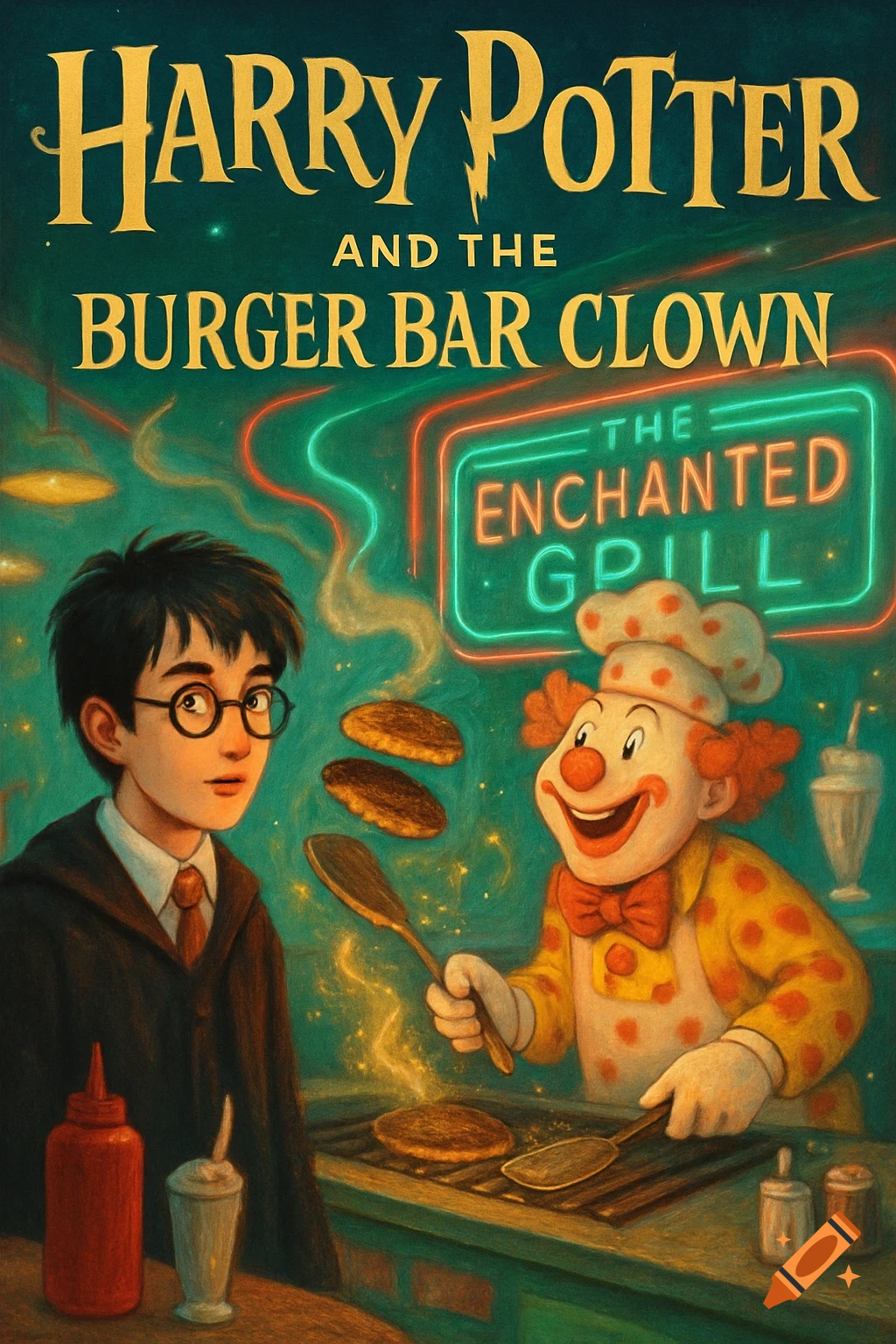 A whimsical book cover showing Harry Potter watching a cheerful clown cook burgers at 'The Enchanted Grill'.