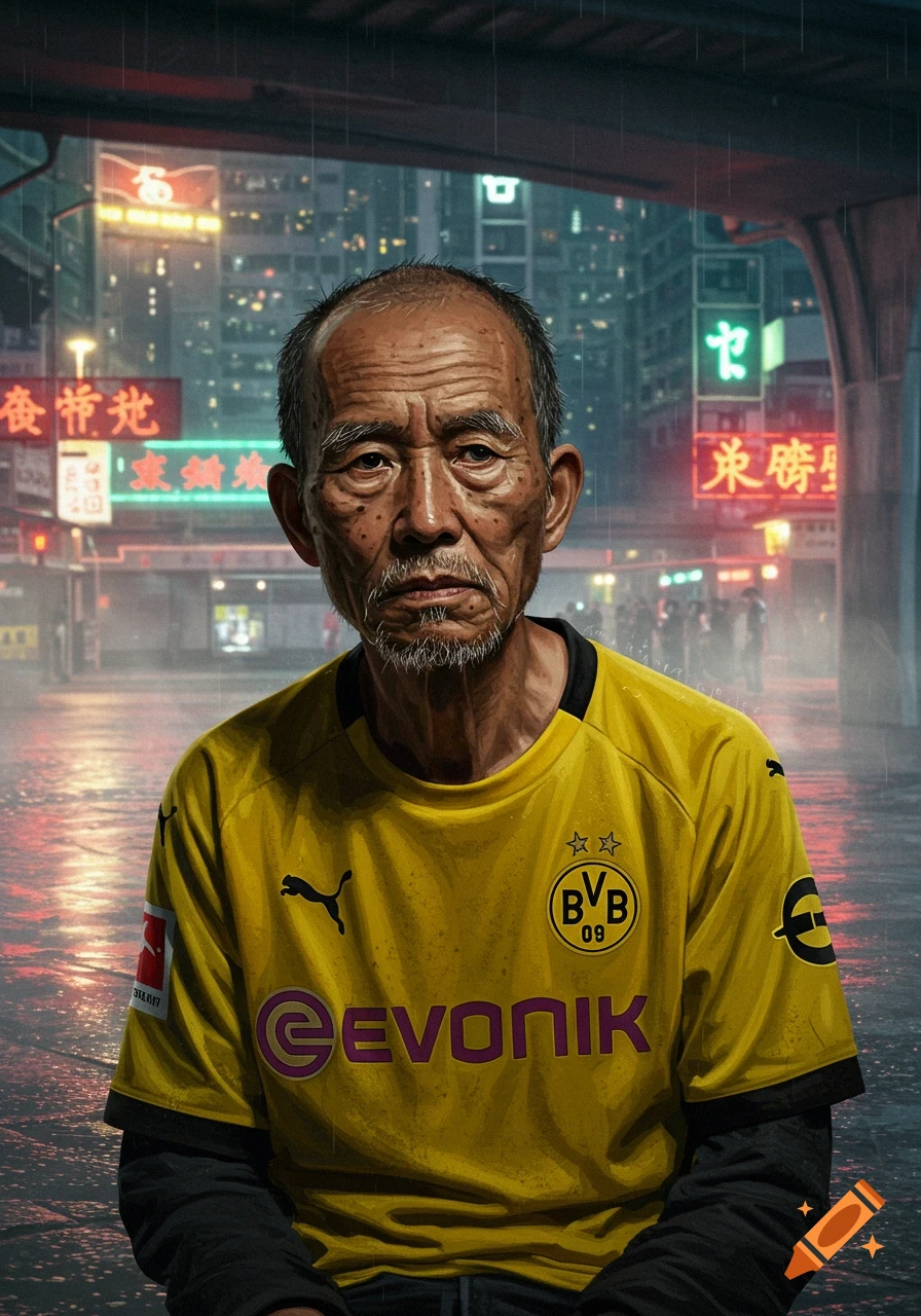 A stylized portrait of an elderly Chinese man in a yellow Dortmund football jersey, standing on a rainy street in a cyberpunk city with neon signs in the background.