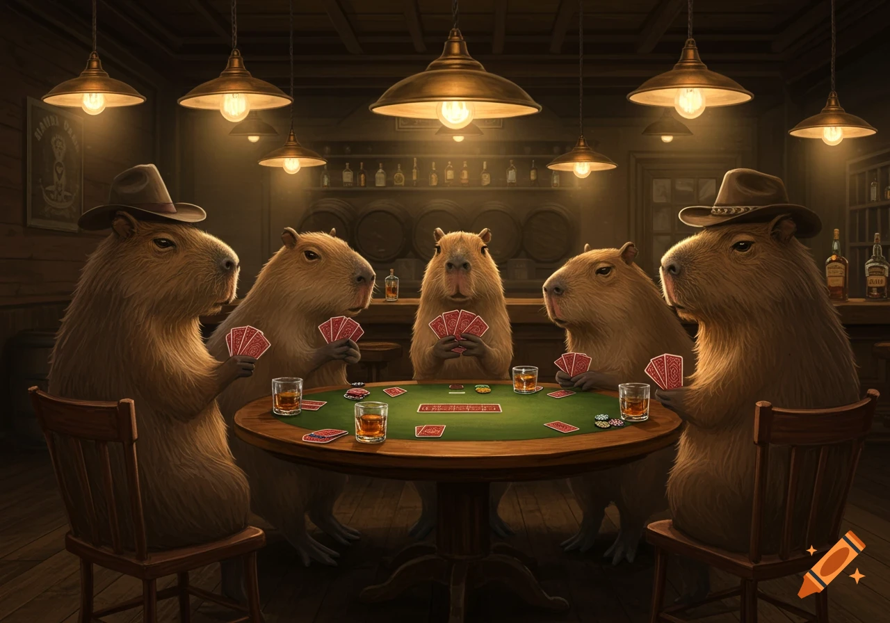 Five capybaras wearing hats are playing poker around a table in a dimly lit bar, holding playing cards and having drinks.