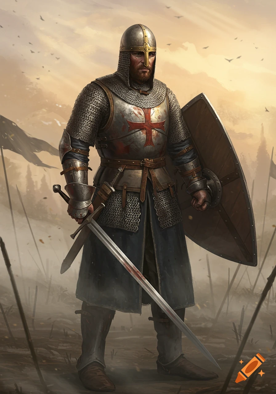 A knight in chainmail armor and helmet stands on a battlefield holding a sword and shield, with birds flying in a cloudy sky.