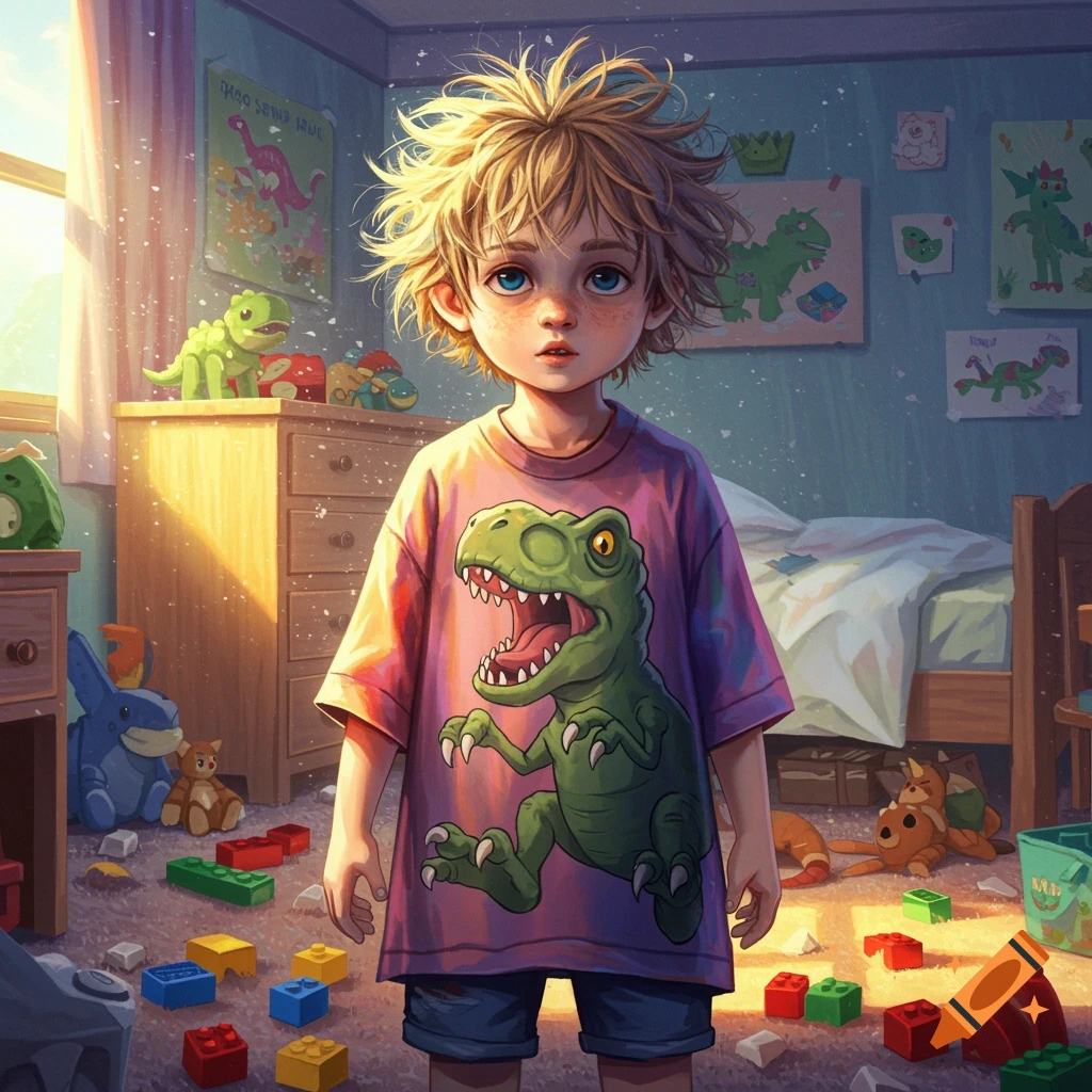 A young blonde boy with messy hair stands in his messy bedroom, wearing a pink t-shirt with a green dinosaur, surrounded by toys.