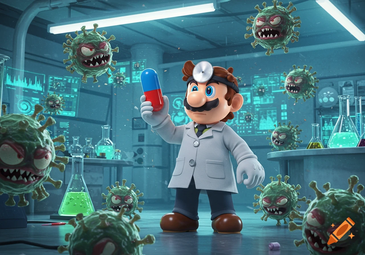 Dr. Mario in a lab coat holds a red and blue pill, surrounded by angry, stylized green virus characters in a laboratory.
