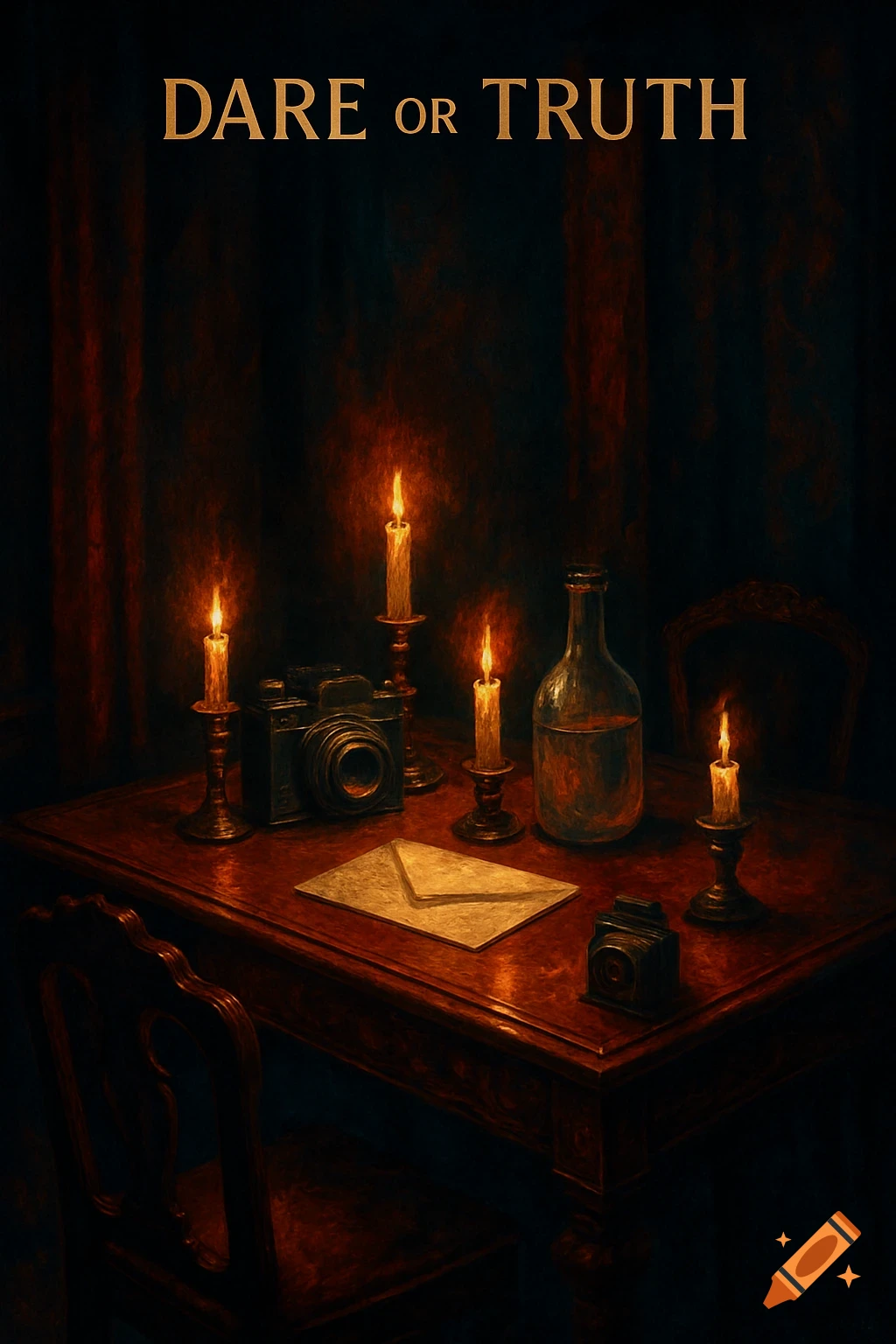 A dimly lit still life with candles, a vintage camera, bottle, and envelope on a wooden table, with 'DARE or TRUTH' text above. Painterly style.
