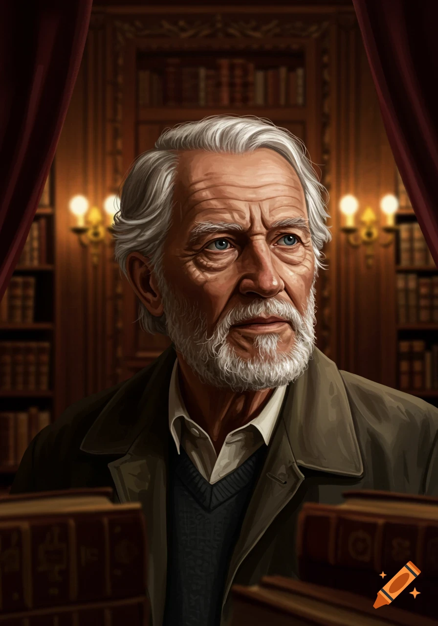 Illustrative portrait of an old man with a white beard in a dim library with bookshelves and lamps.