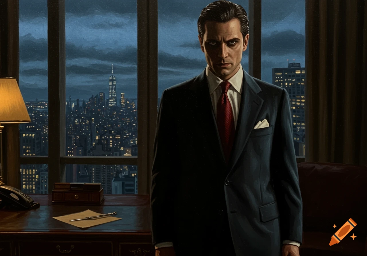 Oil painting of an intense man in a suit in an office overlooking a dark city skyline.