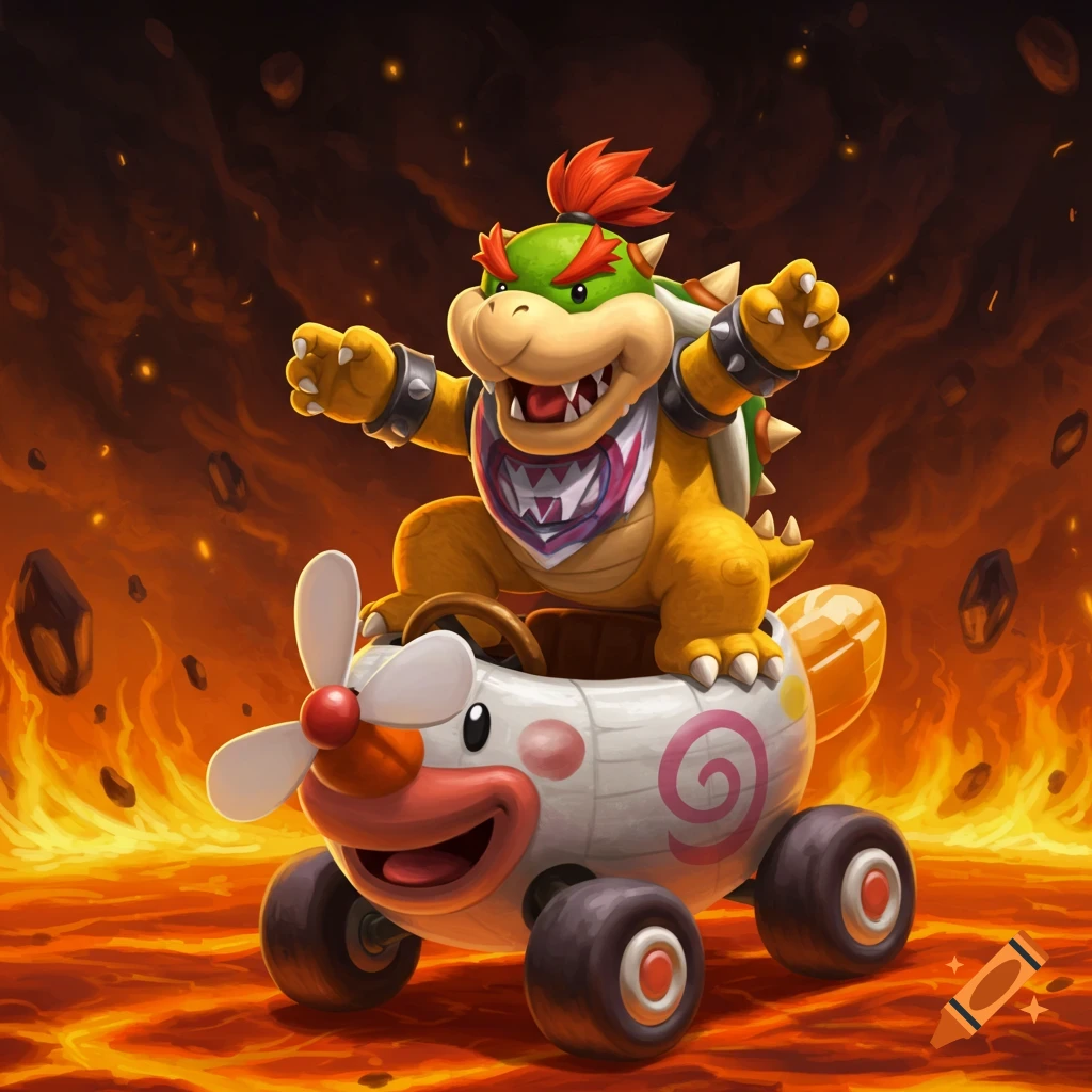 Bowser Jr. grins from his Koopa Clown Car, flying over a vibrant, fiery lava landscape.