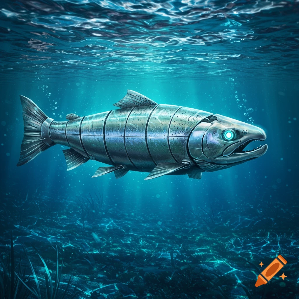 A detailed illustration of a metallic robot salmon swimming underwater, with glowing blue eyes and light reflecting off its segmented body.