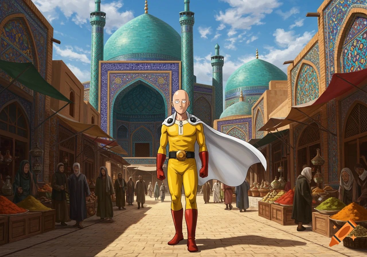 One Punch Man stands in the middle of a bustling Middle Eastern market street with grand, turquoise-domed mosques and ornate tiled buildings in the background.