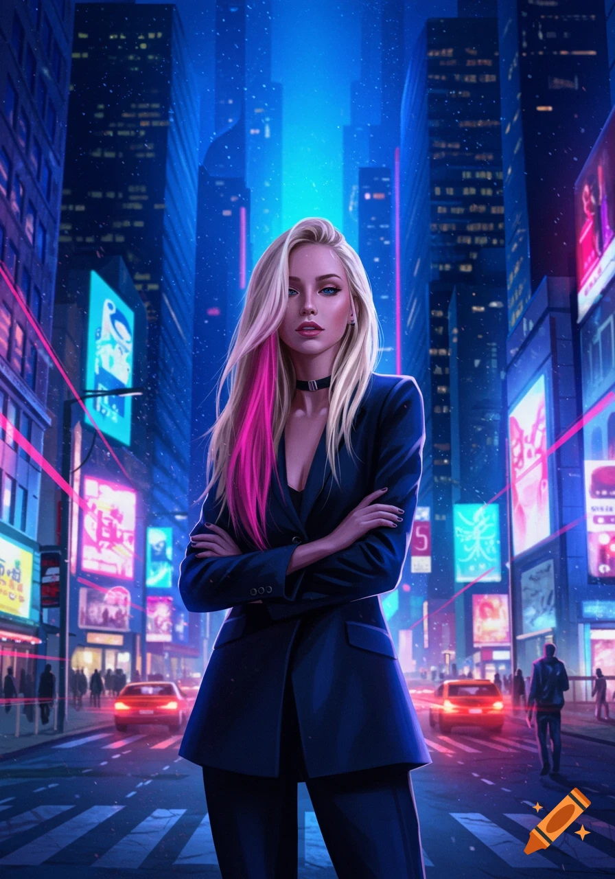 A blonde woman with a pink hair streak poses confidently in a dark suit on a neon-lit city street at night.