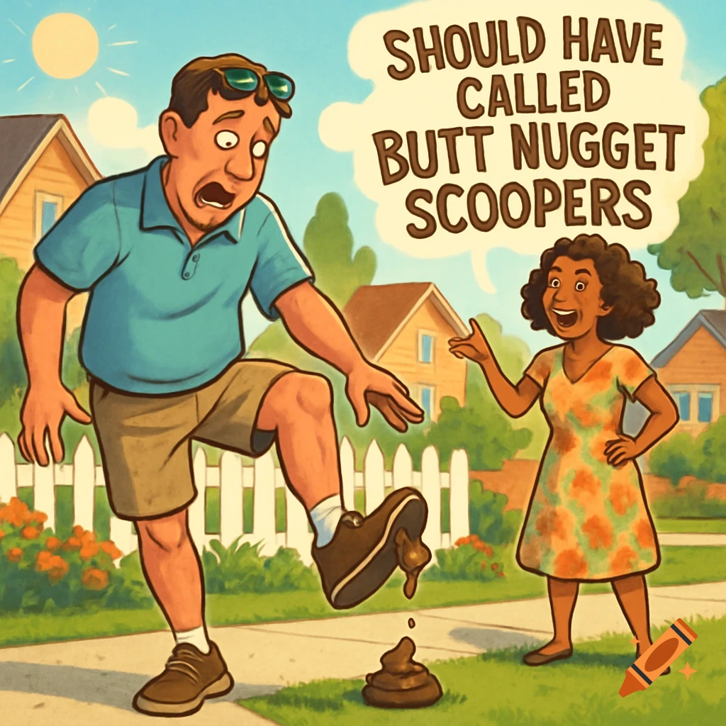 A man in a blue polo shirt and shorts steps in dog poop on a sidewalk, looking disgusted. A woman with curly hair smiles and points, with a speech bubble saying "SHOULD HAVE CALLED BUTT NUGGET SCOOPERS" above her.