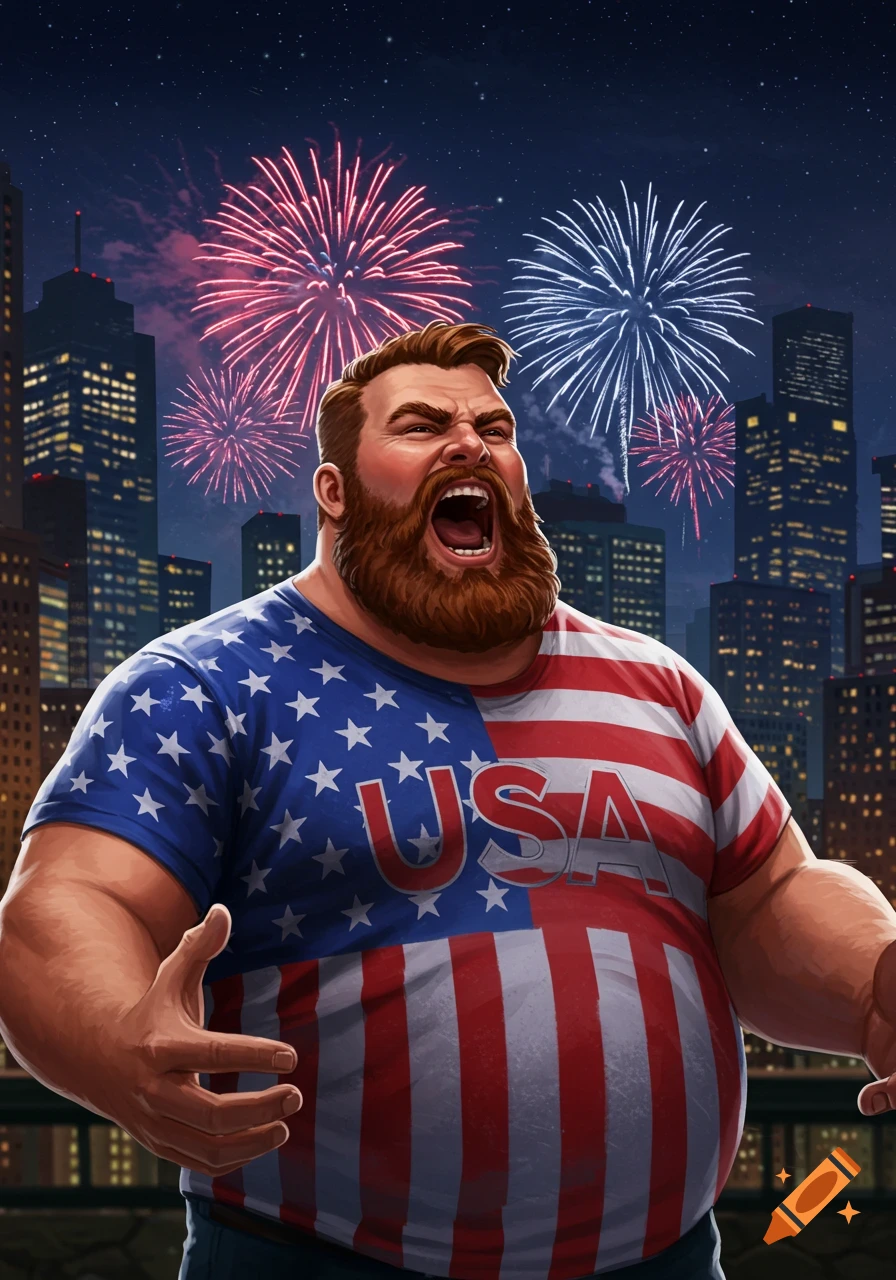 A muscular, bearded man in a USA shirt yells excitedly with fireworks and city buildings in the background at night.