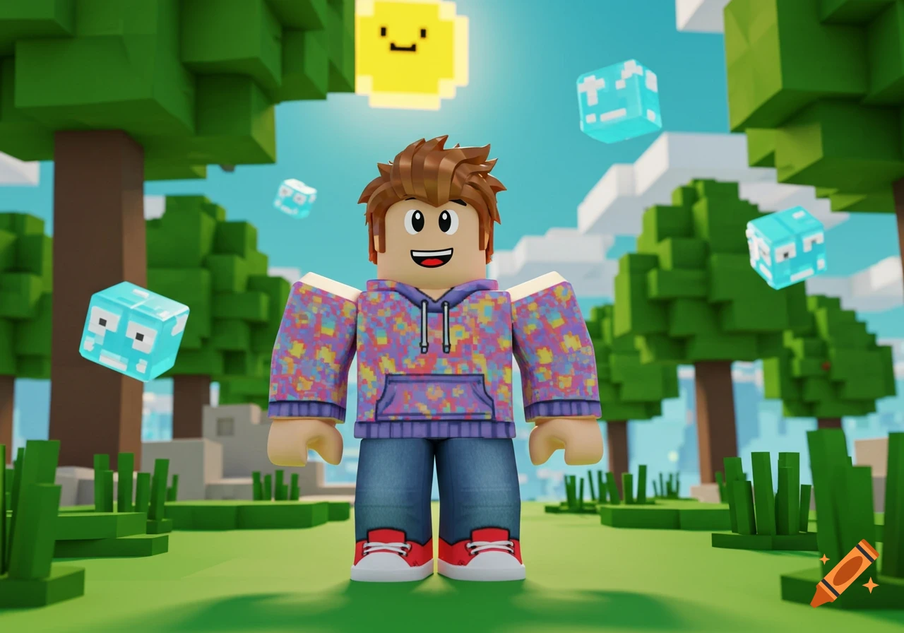 A cartoony Roblox character wearing a colorful hoodie and jeans stands in a blocky outdoor setting with trees and floating pixelated blocks.